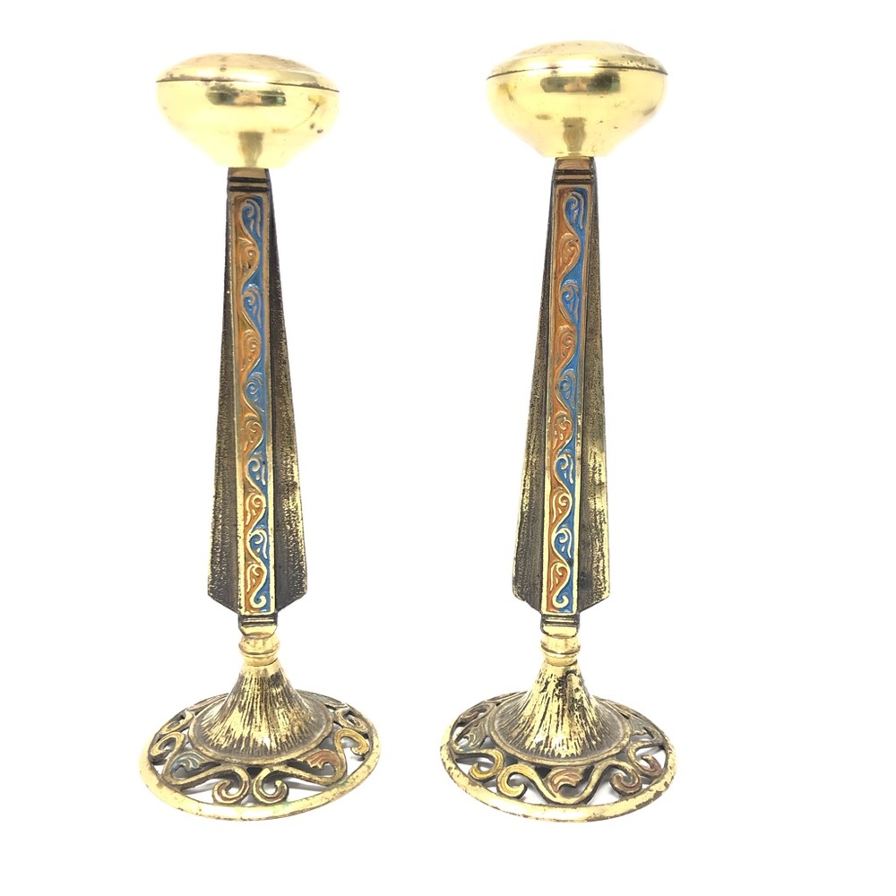 Israel bronze candlesticks candle scroll blue set
